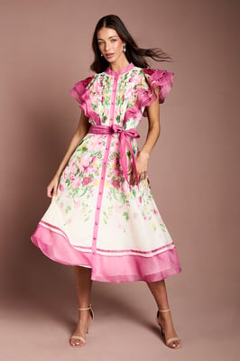 Ruffle Shoulder Floral Midi Dress