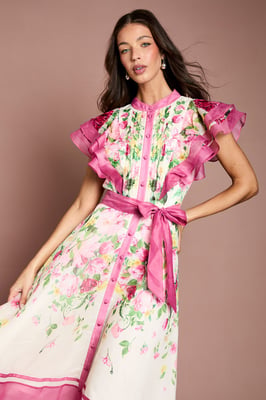 Ruffle Shoulder Floral Midi Dress