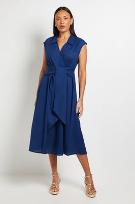 Linen Blend Belted Midi Dress