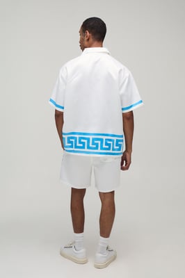 Oversized Short Sleeve Abstract Boarder Print Satin Shirt & Short Set