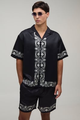 Oversized Short Sleeve Floral Boarder Print Satin Shirt & Short Set