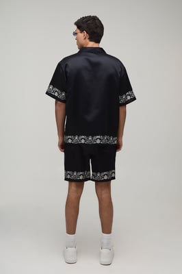 Oversized Short Sleeve Floral Boarder Print Satin Shirt & Short Set