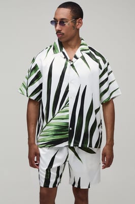 Oversized Short Sleeve Palm Print Satin Shirt & Short Set