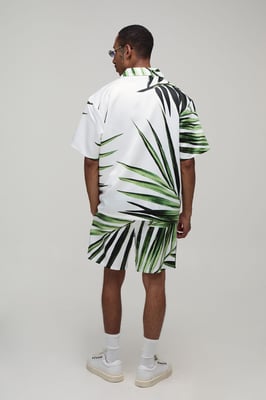 Oversized Short Sleeve Palm Print Satin Shirt & Short Set