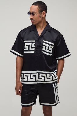 Oversized Short Sleeve Abstract Boarder Print Satin Shirt & Short Set