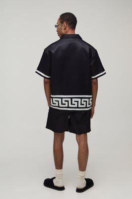 Oversized Short Sleeve Abstract Boarder Print Satin Shirt & Short Set
