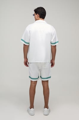 Oversized Half Sleeve Boarder Print Satin Shirt & Short Set