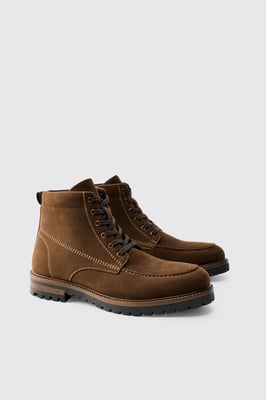 Faux Suede Contrast Stitching Lace Up Boot