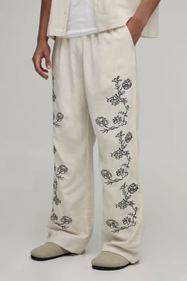 Wide Leg Linen Blend Embroidered Seam Trousers