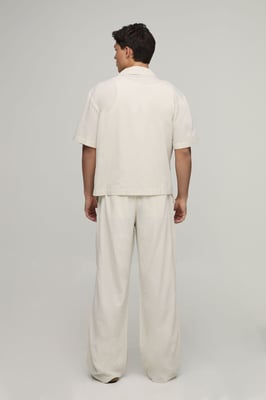 Wide Leg Linen Blend Embroidered Seam Trousers