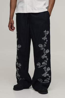 Wide Leg Linen Blend Embroidered Seam Trousers