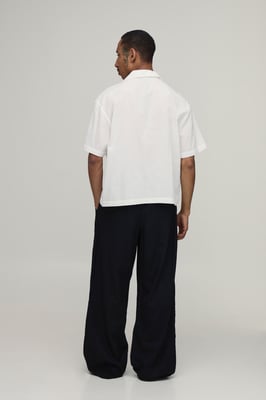 Wide Leg Linen Blend Embroidered Seam Trousers