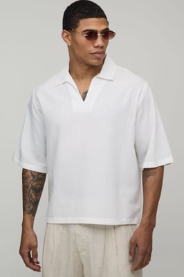 Linen Blend Boxy V Neck Polo