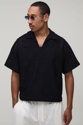 Oversized Boxy Woven Floral V Neck Polo