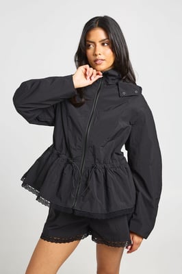 Funnel Neck Lace Trim Hem Jacket
