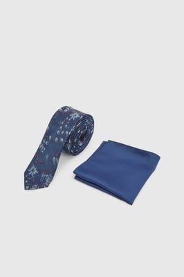 Navy Multi Floral Tie and Plain Pocket Square