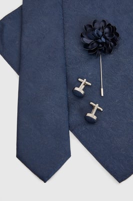 Navy Plain Tie, Pocket Square with Lapel Pin and Cufflink Box Set
