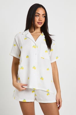 Cotton Lemon Print Short Sleeve Shirt & Short Pyjama Set