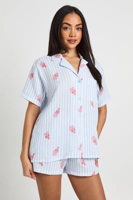 Cotton Stripe Lobster Print Short Sleeve Shirt & Short Pyjama Set