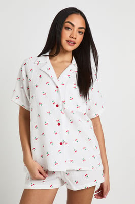 Cotton Cherry Print Textured Short Sleeve Shirt & Short Pyjama Set