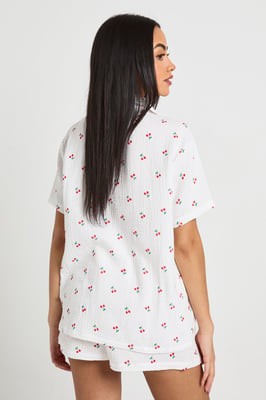 Cotton Cherry Print Textured Short Sleeve Shirt & Short Pyjama Set