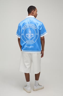 Oversized Half Sleeve Worldwide Border Print Satin Shirt