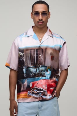 Oversized Half Sleeve Hotel Print Shirt