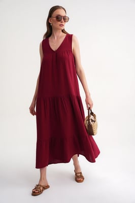 Mouwloze V-hals Muslin Midi Jurk met Zakken