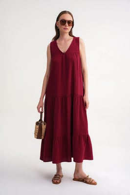 Mouwloze V-hals Muslin Midi Jurk met Zakken