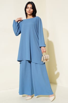 Gestructureerde Tuniek met Lange Mouwen en Wijde Broek Set