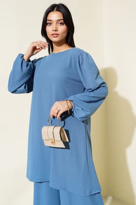 Gestructureerde Tuniek met Lange Mouwen en Wijde Broek Set