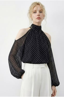 Polkadot Chiffon Colblouse met Uitsnijding