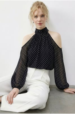 Polkadot Chiffon Colblouse met Uitsnijding