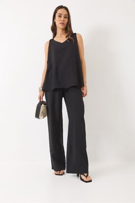 V-hals Katoenen Blouse-Broek Twee-Piece Set