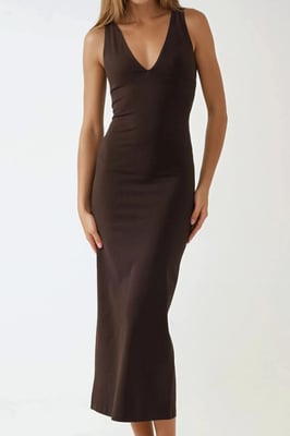 Slim Fit V-ringad Bas Midi Klänning