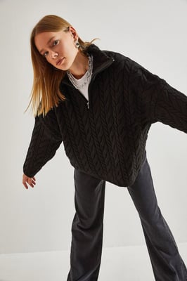 Oversized Hår Skägg Tröja med Dragkedja Krage