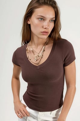 Elastische V-hals Korte Mouw T-Shirt