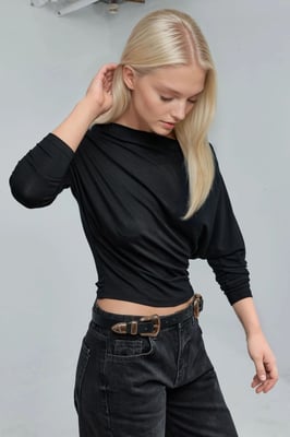 Asymmetrische Kraag Lange Mouw Elastische Gebreide T-Shirt