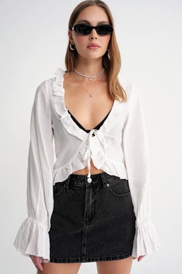 Froufrou V-hals Lange Mouw Crop Blouse