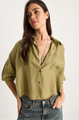 Geribbelde Gestreepte Crop Shirt met Knopsluiting en Zak