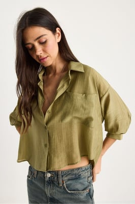 Geribbelde Gestreepte Crop Shirt met Knopsluiting en Zak
