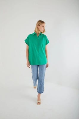 Oversized Korte Mouwen Poplin Overhemd met Knopen