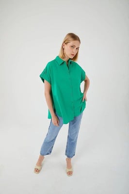 Oversized Korte Mouwen Poplin Overhemd met Knopen