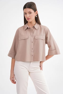 Korte Mouw Crop Poplin Shirt