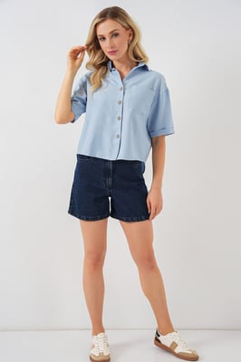 Linnen Gemengde Korte Mouw Knop-Up Crop Shirt