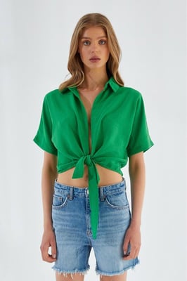 V-hals Met Strik Slanke Pasvorm Crop Shirt