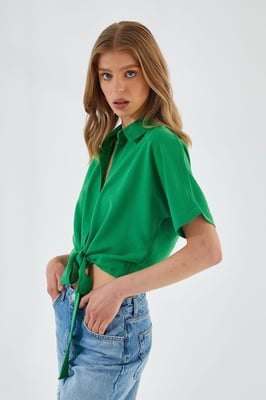 V-hals Met Strik Slanke Pasvorm Crop Shirt