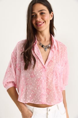 Bloemmotief Jacquard Korte Mouwen Overhemd met Knopen en Pocket