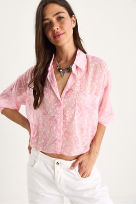 Bloemmotief Jacquard Korte Mouwen Overhemd met Knopen en Pocket