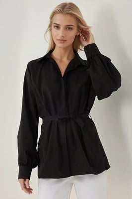 Linned-Polyester Långärmad Skjorta med Bälte
